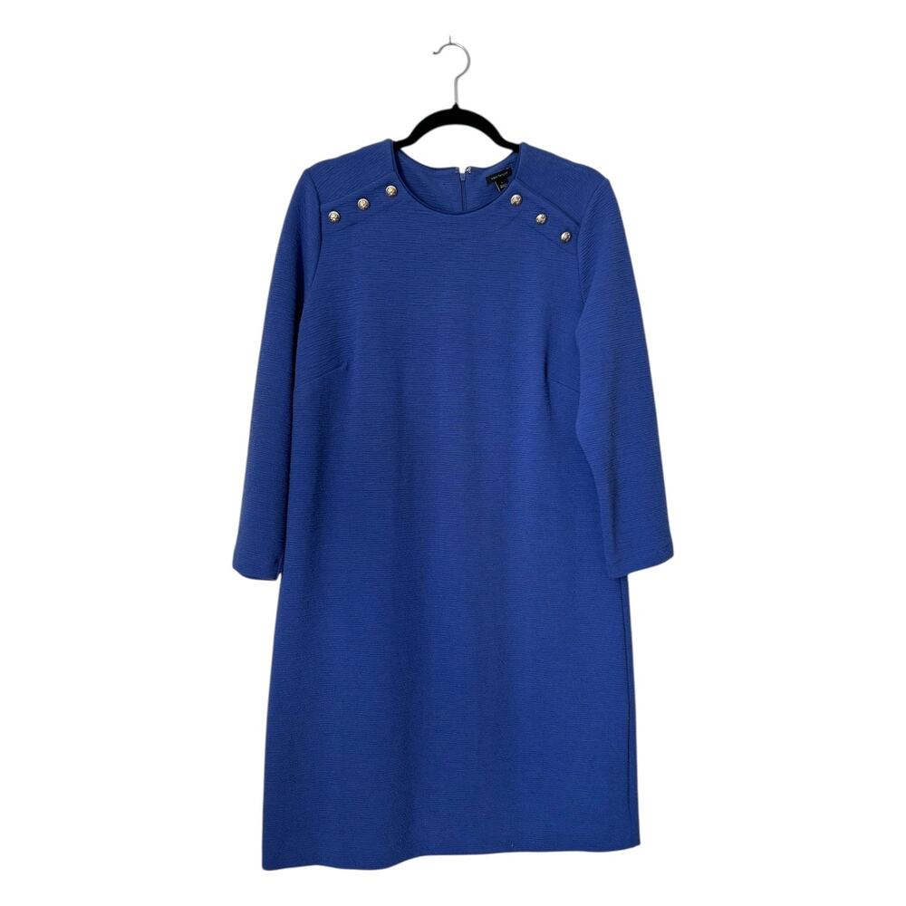 Ann‎ Taylor Shift Dress Size L Blue Silver Tone Button Shoulder Detail Textured